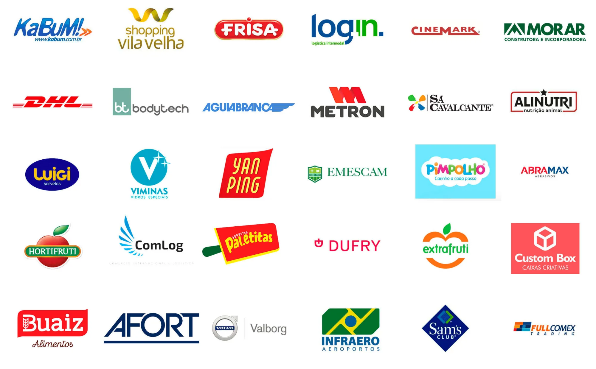 Logos de clientes: KaBuM!, Shopping Vila Velha, Frisa, Login, Cinemark, Morar, DHL, Bodytech, Água Branca, Metron, Sá Cavalcante, Alinutri, Luigi, Viminas, Yan Ping, Emescam, Pimpolho, Arramax, Hortifruti, ComLog, Paletitas, Dufry, Extrafruti, Custom Box, Buaiz, Afort, Valborg, Infraero, Sam's